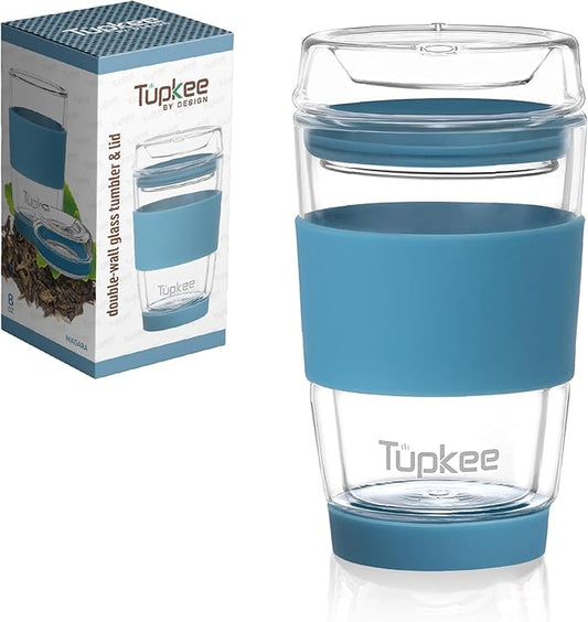 Tupkee Double Wall All Glass Tumbler - 8-Ounce, Reusable Insulated Tea/Coffee Mug & Lid, Hand Blown Glass Travel Mug - Niagara - 2 Pack
