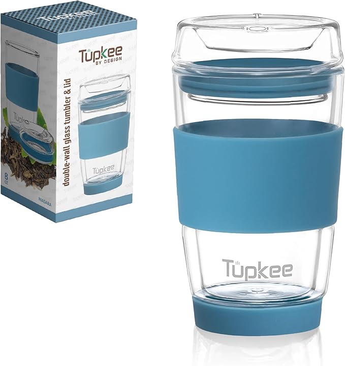Tupkee Double Wall Glass Tumbler - 8-Ounce, All Glass Hand Blown Reusable Insulated Tea/Coffee Mug & Lid, Travel Mug - Niagara