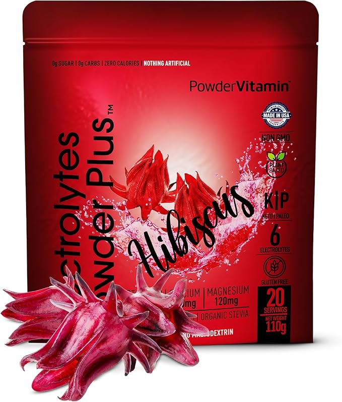 PowderVitamin Electrolytes Powder Plus (20 Servings) Hibiscus Electrolyte Powder, No Maltodextrin, Keto,Sugar Free,Pink Himalayan Salt,1000mg Potassium,120mg Calcium,120mg Magnesium,Hydration Powder