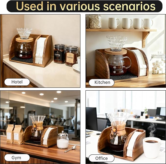Acacia Coffee Bar Station Organizer Stand, Wooden Pour Over Maker Caddy Storage Organizers, Coffee Filter Holder for Countertop with Heatproof Mat (9.4*7*5.1 inch) Glass Cofee Maker not included