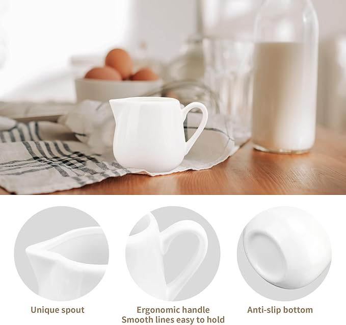 6 Pack 8 oz Ceramic Creamer with Handle, White Porcelain Cream Pitcher with Handle, Small Sauce Jus Small Pitchers for Milk, Coffee, Tea, Jam, Sauces