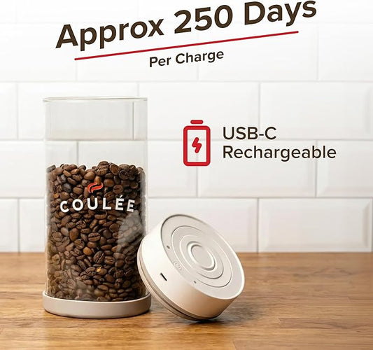 Coffee Rechargeable Vacuum Glass Canister, Kitchen Appliances, Store Coffee, Tea, or Pantry Items, Home Essentials, Kitchen Food Organizer, Food Container, USB Charger, 1.35L Capacity