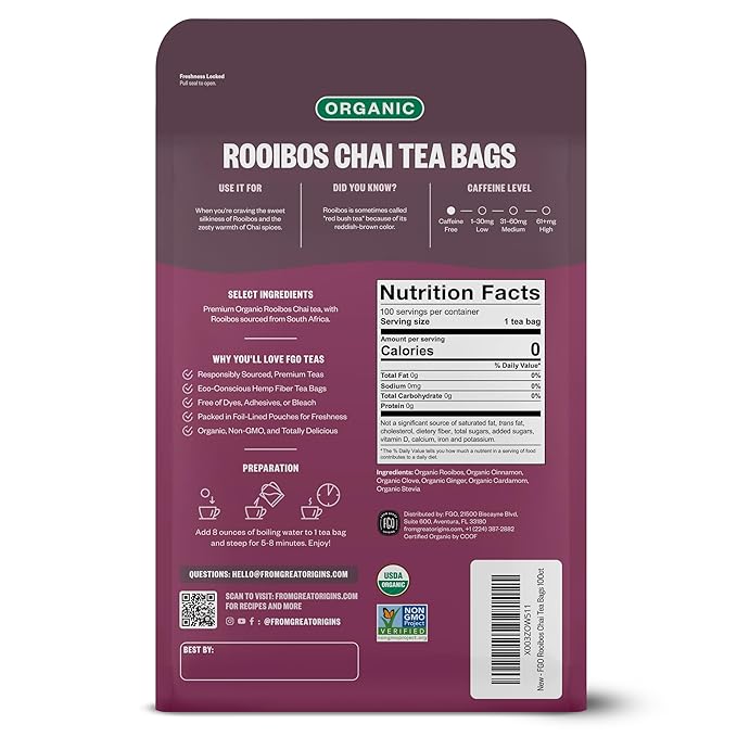 FGO Organic Rooibos Chai Tea, 100 Count, Eco-Conscious Tea Bags, Resealable Bag, Packaging May Vary (Pack of 1)