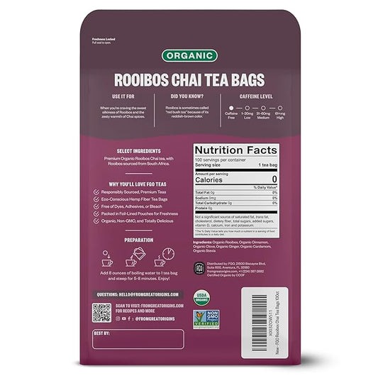 FGO Organic Rooibos Chai Tea, 100 Count, Eco-Conscious Tea Bags, Resealable Bag, Packaging May Vary (Pack of 1)