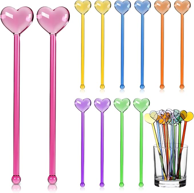 12 Pcs Heart Drink Stirrers Stir Sticks Valentine's Day Coffee Stirrers Swizzle Sticks Hot Cocoa Bar Supplies Coffee Bar Decoration Reusable Beverage Cocktails Mixers