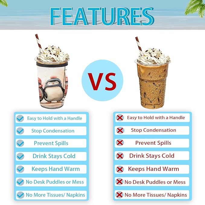 Penguin Reusable Insulator Coffee Sleeves for Drinks Beverages, Winter Penguins Neoprene Holder with Handle for Most Coffee or Ice Drink, 30-32oz