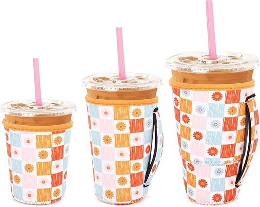3 Pack Iced Coffee sleeve Insulated Neoprene Cup Sleeves with handle For Cold Drinks Beverages, Reusable Cup Holder for 16oz-32oz Coffee Cups (Groovy Flowers)