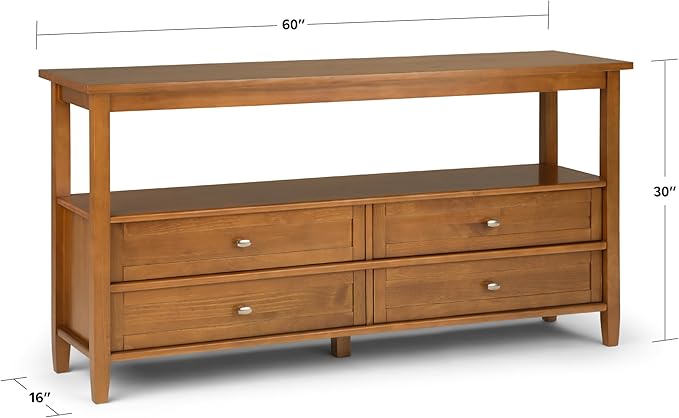 SIMPLIHOME Warm Shaker Wide Console Table - 60 Inch Wide Solid Wood Sofa Table in Light Golden Brown, Transitional Storage Table for Living Room with 4 Drawers, Open Shelf, and Brushed Nickel Knobs