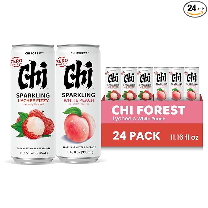CHI FOREST Sparkling Water Beverage, Lychee & White Peach, 2 Flavors, Zero Sugar, 11.16 fl oz Cans (Pack of 24)