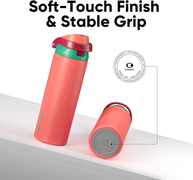 ENCOOL Leakproof Insulated Water Bottle with Straw Dual-Sip Water Bottle Bag-Safe Design for Work, Commute & Gym – Keeps Drinks Cold All Day, 32 oz, Coral Red