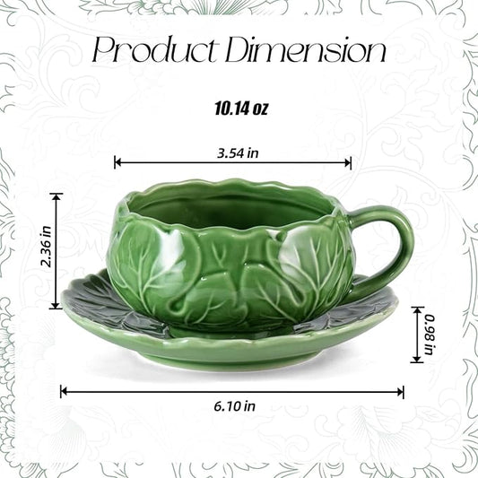 KAMMAK Tea Cups and Saucers Set of 2, Porcelain Coffee Cups, 10-Ounce Stackable Espresso Mugs, Ceramic Demitasse for Coffee, Latte, Americano, Tea, Lucky Green