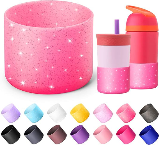 Silicone Water Bottle Boot for Owala 14/16oz, Anti-Slip Protective Sleeve Bottom Bumper Protector for Owala Kids 12 oz Tumbler, Flip 14 oz and FreeSip 16 oz Water Bottle (Glitter Rose Red)