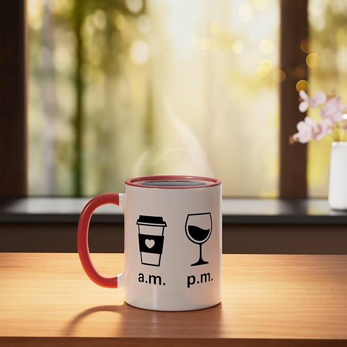 Coffee AM Wine PM - Funny Minimalist Coffee Wine Lover Ceramic Mug, Red/White
