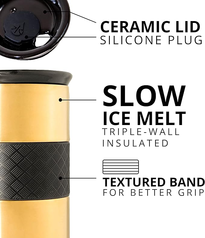 Elemental Artisan Insulated Tumbler, Triple Wall Coffee Travel Mug, Reusable Stainless Steel Coffee Tumbler with Ceramic Lid, Thermal Coffee Cups for Hot (6 Hrs) & Cold (18 Hrs), 16oz - Gold