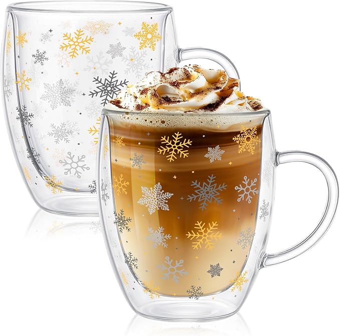 JarThenaAMCS Christmas Double Wall Glass Coffee Mugs 12Oz Gold Silver Snowflake Insulated Glasses Clear Espresso Cups with Handle for Winter Xmas Holiday Supplies, Set of 2