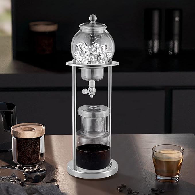 Iced Coffee Cold Brew Drip Tower Coffee Maker, Wooden Ice Coffee Machine, Stainless Steel and Borosilicate Glass, Long Neck Sharing Pot, with Measuring Spoon (Silver)