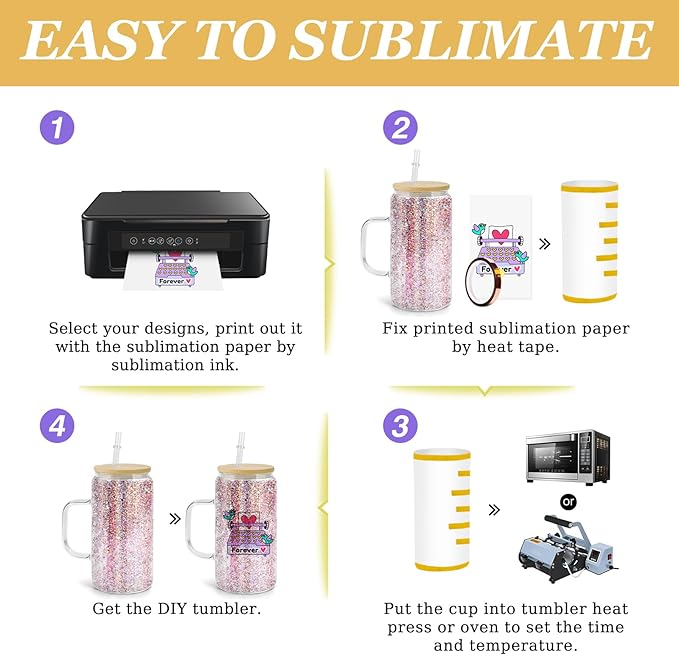 16oz Snowglobe Cups with Handle, 4Pack Pre-Drilled Sublimation Glass Cup with Lid and Straw, Double Wall Glass Coffee Mug, Snowglobe Cup Gifts for Snow Globe DIY Glitter, Bamboo Lid
