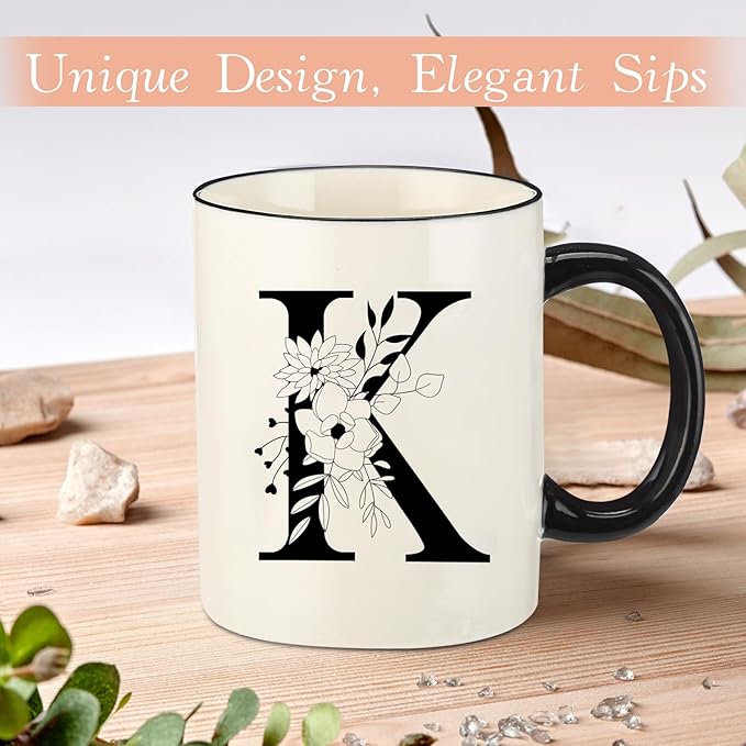 Monogram Ceramic Coffee Mugs, 11 oz Initial Drinking Cup with Gift Box, Unique Birthday Valentines Day Gifts for Women Wife Mothers Day Grandma Mom Aunt, K