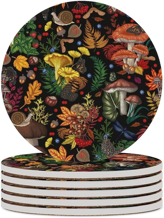 Round-6PCS Botanical Drink Coasters, Round Modern Ceramic Absorbent Coasters, Rustic Cartoon Abstract Botanical Mushroom Plants Pattern Decor Desk Coffee Table Coaster for Beverage Cup Tea Coasters