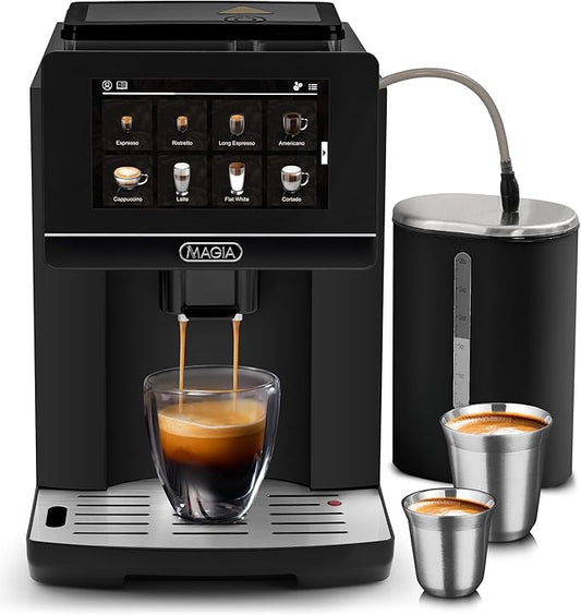 Zulay Kitchen Magia Ultra LUX Super Automatic Espresso Machine, Bean-to-Cup Coffee Maker with Built-In Grinder, Automatic Milk System, 19 One-Touch Specialty Drinks, Touchscreen, Black