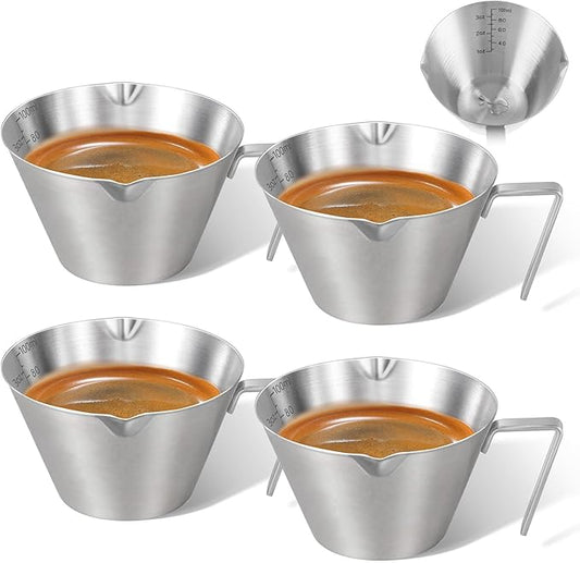 carrottimes 4Pcs Stainless Steel Espresso Cups, Double Spout Metal Espresso Measuring Cup with Handle, Dual Scale Espresso Shot Cup with V-Shaped Mouth, 3.4oz/100ml (Silver)