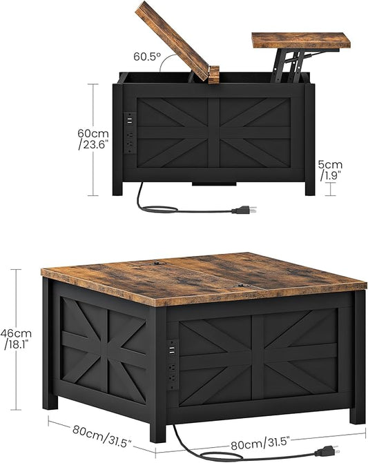 31.5" Lift Top Coffee Table, Farmhouse Coffee Table with Charging Station and Storage, 2 AC Outlets and 2 USB Ports, Black and Rustic Brown MKF02UBFN1
