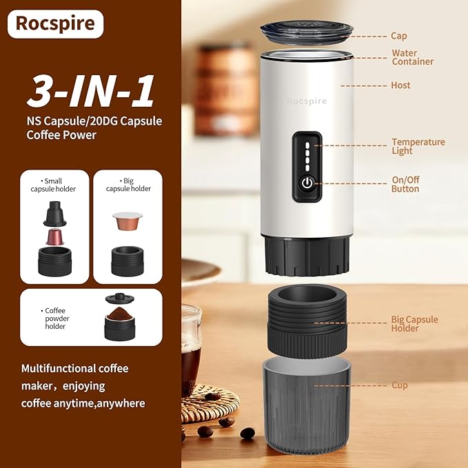 Portable Espresso Maker with Stainless Steel Body | 7500mAh Rechargeable Battery | 20 Bar Self-Heating with USB-C | Works with Most Capsules Compatible for Camping, Travel, Outdoor (White)