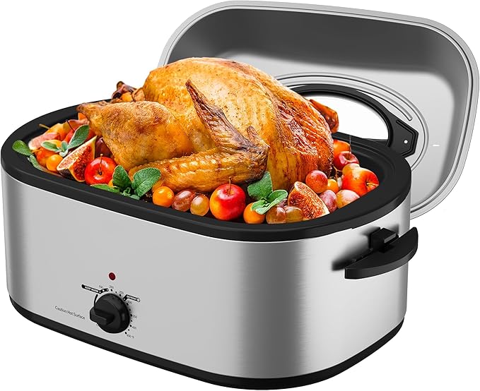 Sunvivi 26 Quart Roaster Oven, Electric Roaster Oven with Glass Lid, Turkey Roaster Oven Buffet with Self-Basting Lid, Removable Pan, Cool-Touch Handles, Silver