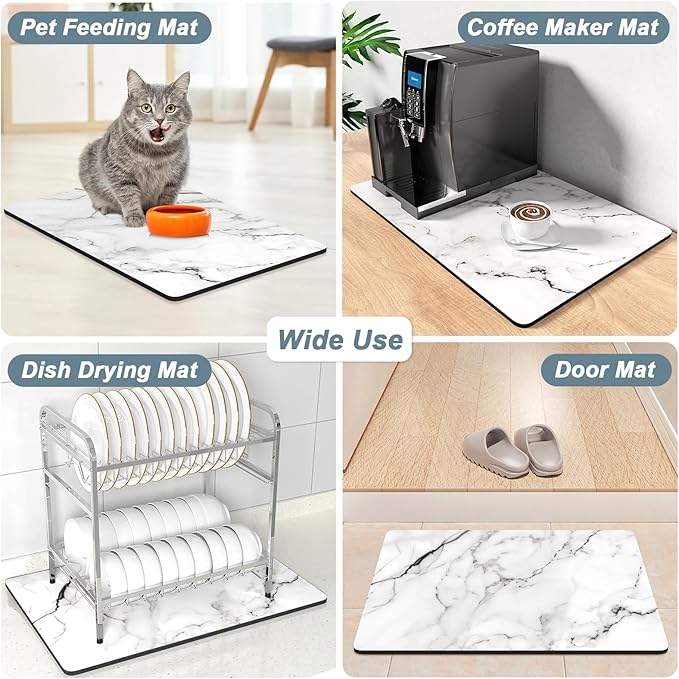 Rnivvi Coffee Mat, 12" x 19" Cute Marble Style Coffee Bar Mats for Espresso Machine Station Accessories and Organizer, Hide Stain Rubber Backed Absorbent Dish Drying Pad for Kitchen Counter, White