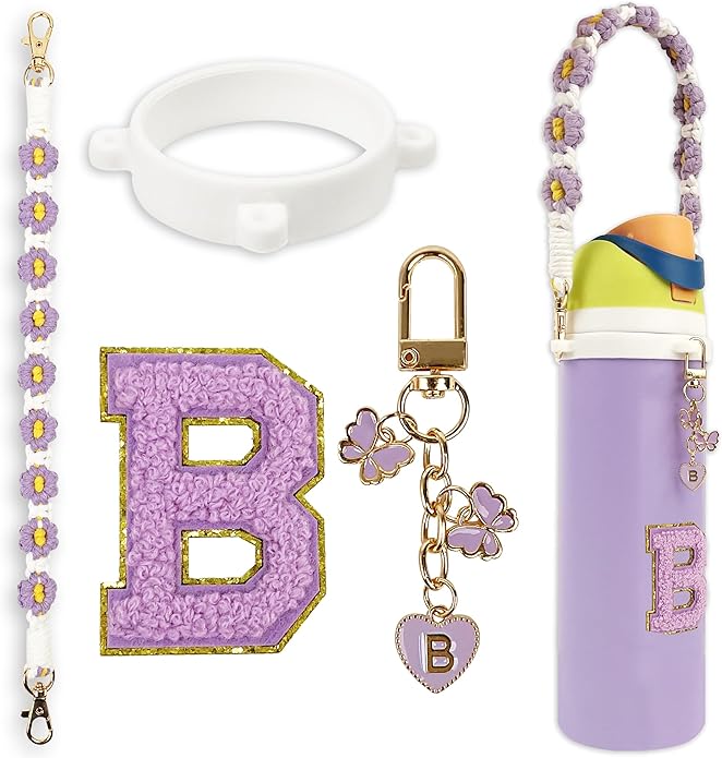 Compatible with Owala Water Bottle Accessories, Cute Letter Charm Set with Boho Handle Strap, Monogram Sticker, Silicone Ring, Keychain Decoration, for FreeSip 24 32 40oz, Owala Kids, Tumbler Gift