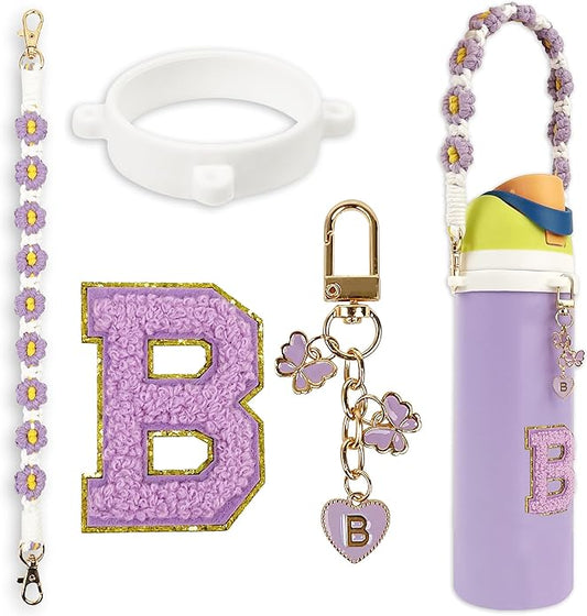 Compatible with Owala Water Bottle Accessories, Cute Letter Charm Set with Boho Handle Strap, Monogram Sticker, Silicone Ring, Keychain Decoration, for FreeSip 24 32 40oz, Owala Kids, Tumbler Gift