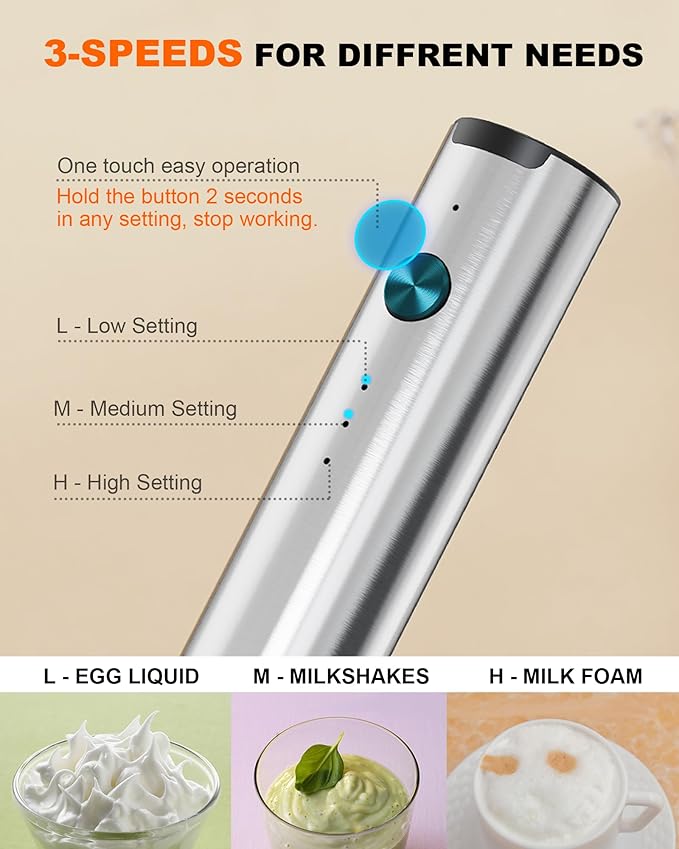Rechargeable Milk Frother with Stand, Handheld 3-Speeds Coffee frother with 2 Whisks, Electric Frother Wand for Coffee, Latte, Cappuccino, Hot Chocolate, Matcha and Egg Mini Frother, Silver