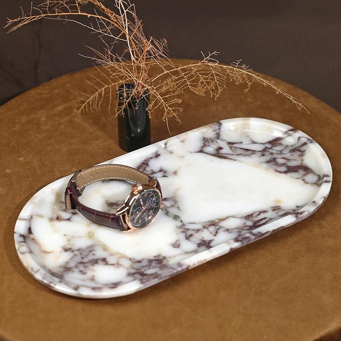 Natural Marble Tray, Coffee Table, Food, Fruit, Paper Cup, Cake Display, Coffee bar, Family Gatherings, Seasonal Holiday Decoration Tray(Viola-oval-11 x5 x0.7)