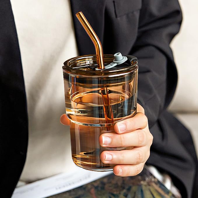 13oz/400ml Tumbler Water Glass, Cups with Straw and Lid Sealed Carry on for Coffee, Iced Tea, Thick Wall Insulated Glass Cup (Amber)…
