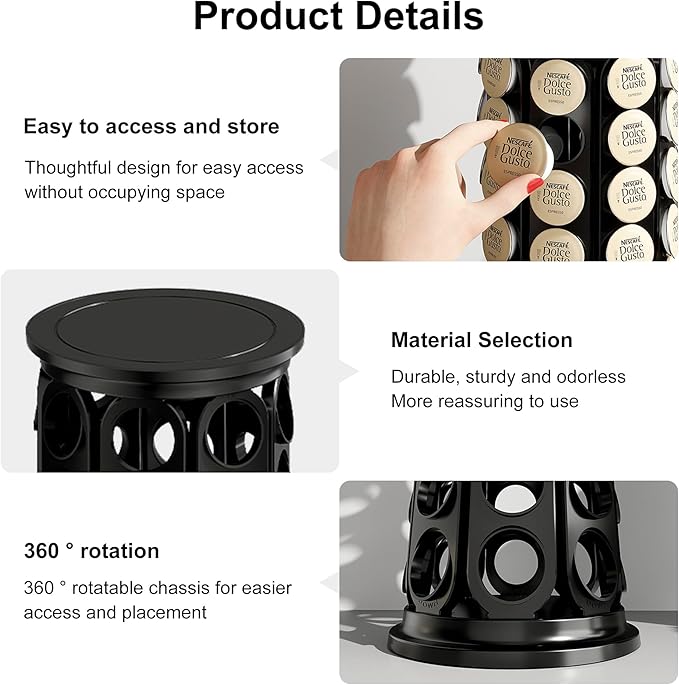 CEHNCEH K Cup Holder: Coffee Pod Carousel Organizer, Compatible with 40 Keurig K-Cup Pods, Spins 360-Degrees - Lazy Susan Platform, Home or Office Kitchen Counter Organize (Black)