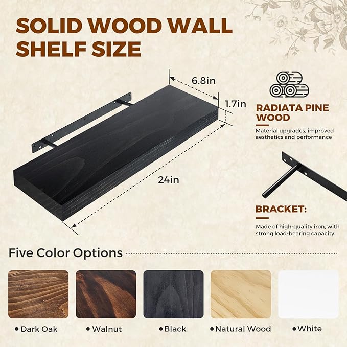 Floating Wall Shelves 24x6.8x1.7 Inch – Solid Wood Rustic Shelves in Black Finish – Wall Mounted Display Shelf for Bathroom, Kitchen, Bedroom – Set of 3