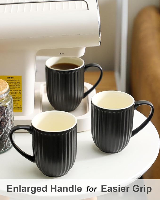 HASENSE Coffee Mugs Set of 4, 16 Oz Large Ceramic Ribbed Latte Cups with Big Handle for Coffee, Tea and Cocoa, Modern Design & Light Weight, Microwave & Dishwasher Safe, Black