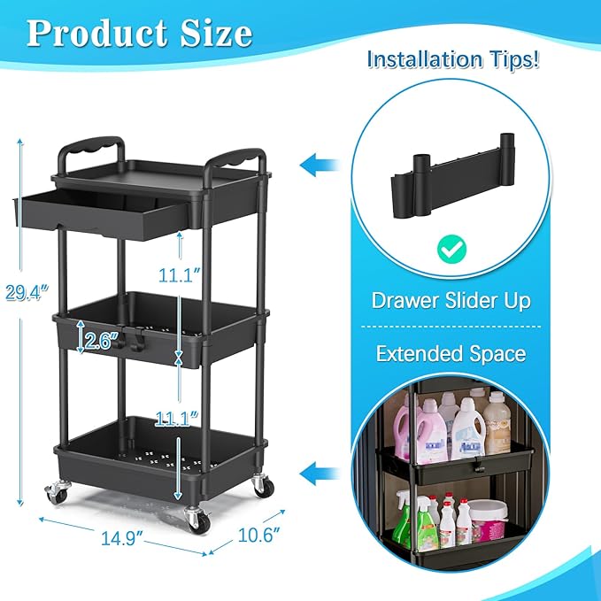 3 Tier Rolling Storage Carts with Removable Drawers, Lockable Wheels, Hooks & Cup Holders – Easy Assembly Storage Organizer for Kitchen, Bathroom, Office, Craft Room, Makeup, Black