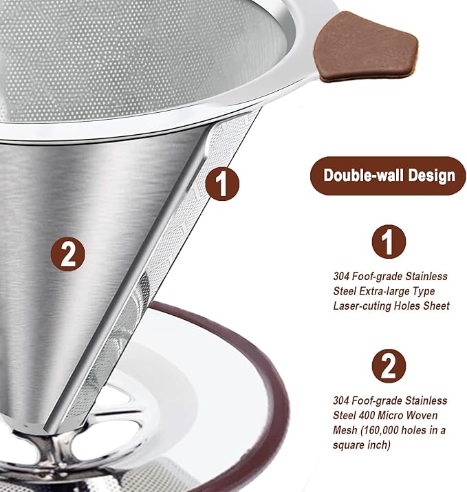 Pour Over Coffee Dripper, Stainless Steel Coffee Filter, Paperless Reusable Coffee Filter, Double mesh 600 Micro Strainer Coffee Maker with Heat-Resistant Silicone Handle & Base & Cleaning Brush