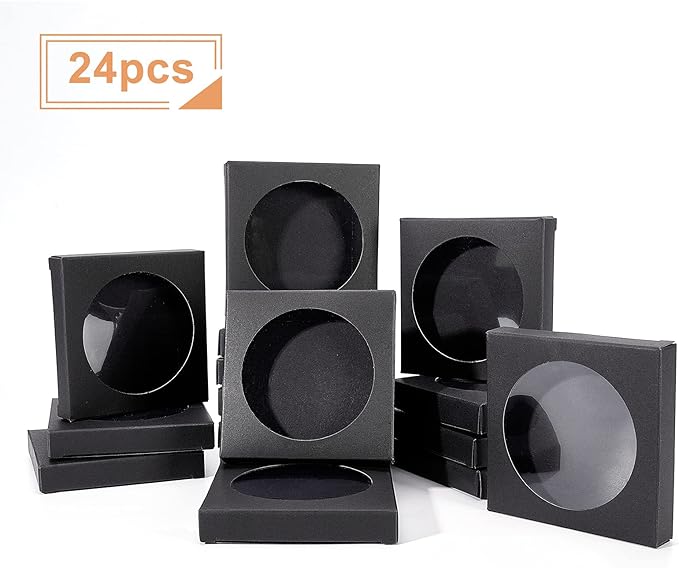 BENECREAT 24 Pack Black Kraft Paper Boxes with Clear Window 3.5x3.5x0.6" Paper Gift Packaging Boxes for Wedding Party Candy Cookies Favor Treat
