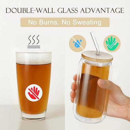LIBWYS 16oz Double Wall Drinking Glass Cups with Bamboo Lids and Straws, 2 Pc Set – Condensation Resistant Insulated Glass Can Tumblers for Cold Drinks, Iced Coffee, Tea, Juice, Cleaning Brush