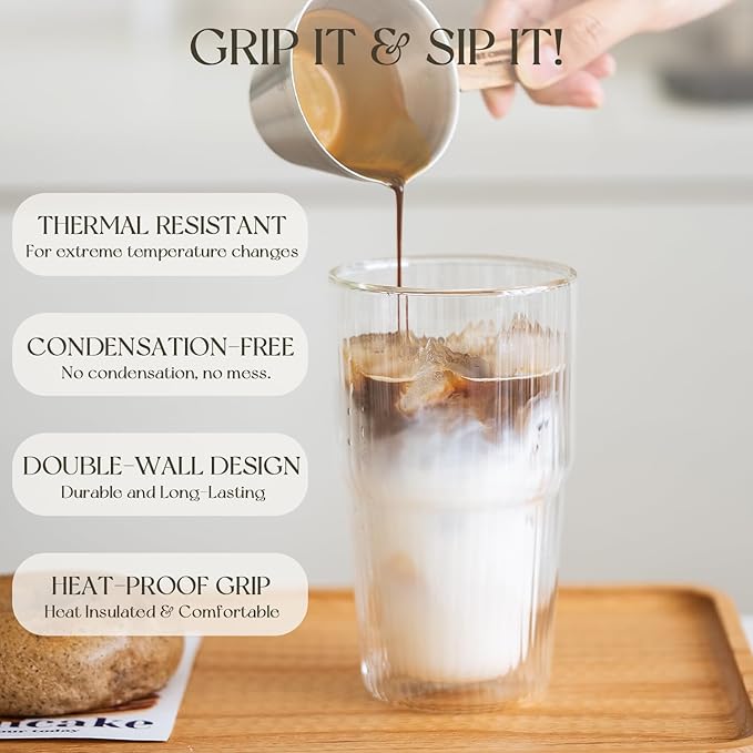 KEMORELA 16 oz Set of 4 Ribbed Glass tumbler,Double Wall Iced Coffee Cups with Lids,Coffee Bar Accessories, Insulated Borosilicate Glass Tumblers, To Go Coffee Cups, Spill proof