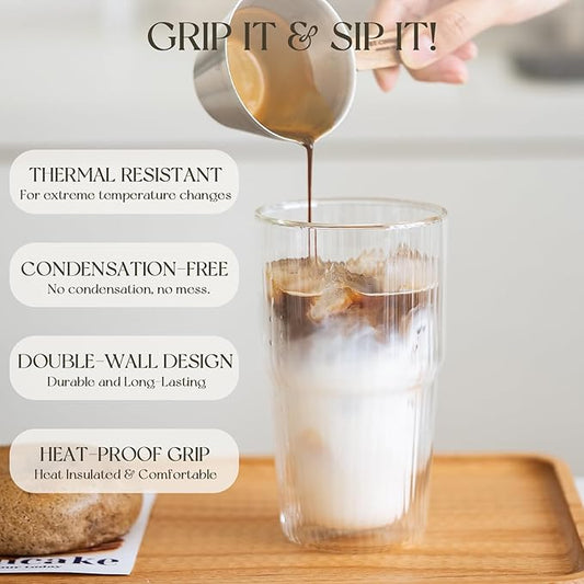 KEMORELA 16 oz Set of 4 Ribbed Glass tumbler,Double Wall Iced Coffee Cups with Lids,Coffee Bar Accessories, Insulated Borosilicate Glass Tumblers, To Go Coffee Cups, Spill proof