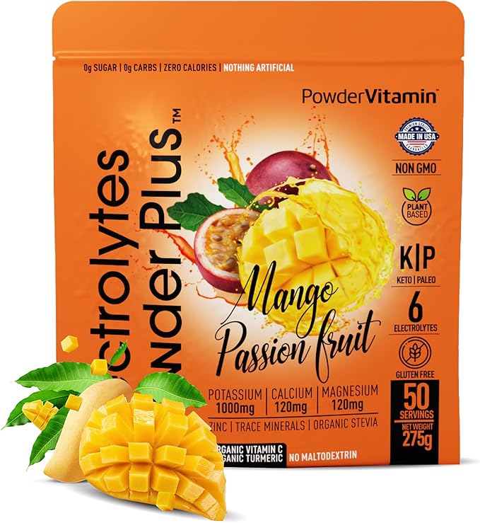 PowderVitamin Electrolytes Powder Plus (50 Servings) Mango Passionfruit Electrolyte Powder Zero Calorie Keto, 0 Sugar, No Maltodextrin,1000mg Potassium,120mg Calcium,120mg Magnesium, Hydration Powder