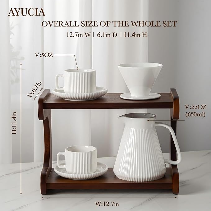 22OZ Pour Over Coffee Maker Set with Acacia Wood Stand and 5oz Cups&Saucers Set of 2, Ceramic White Cream V60 Pour Over Coffee Dripper Set for Home Café Restaurant Camping