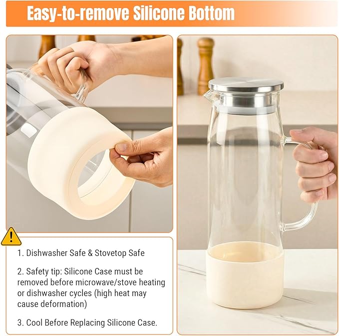 Glass Pitcher with Lid and Handle 50oz/ 1.5L, Hot& Cold Glass Water Pitcher with Silicone Base, Glass Carafe with Lid for Coffee, Juice, Lemonade and Milk