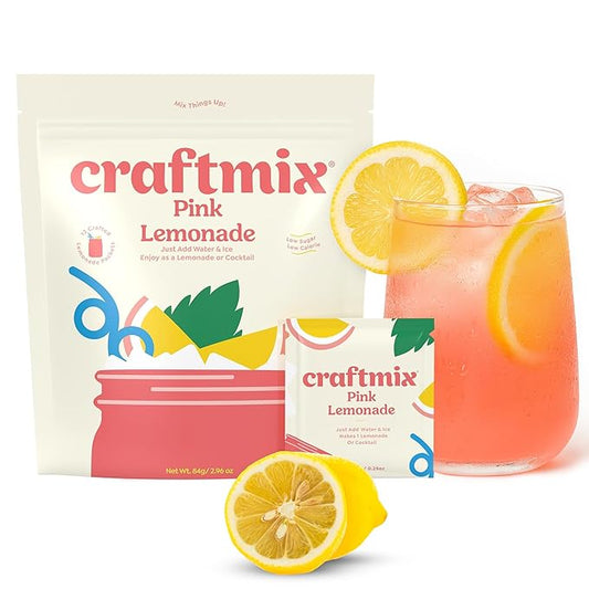 Craftmix Pink Lemonade Mix, 12 Packets, Easy Powder Drink with Real Fruit, Low-Sugar, Vegan, Low-Carb, Non-GMO, Dairy-Free, Gluten-Free, Flavored Water Enhancer, On-the-Go Water Flavoring Packets