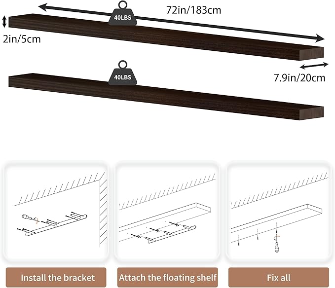 72 inch Long Floating Shelves for Wall,Solid Wood Long Wall Shelves Set of 2,Walnut Wooden Mounted Shelf,Bookshelf Bathroom Shelves (Walnut, 72 Inch)