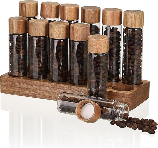 JUXYES Set of 12 Single Dose Coffee Bean Storage Tubes with Wooden Stand and Lids, Dosing Glass Vials for Coffee Storage, Coffee Bean Container Cellars, Espresso Bean Canisters Set, 2 fl oz, 1.7 fl oz