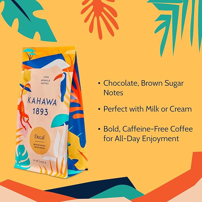 Kahawa 1893 Whole Bean Coffee Medium Roast Decaf Blend 12 Oz - As Seen on Shark Tank, Naturally Sweet, Organically Grown, Ethically & Sustainably Sourced